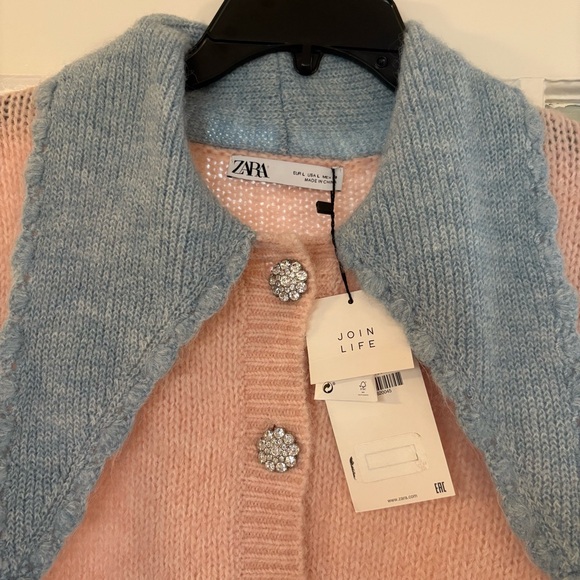 NWT Zara Pink & Blue Collared Jewel Button Cardigan Sweater Size Large - Picture 3 of 4